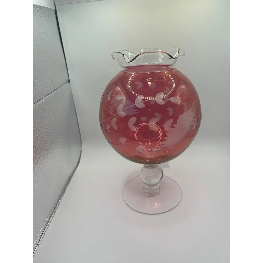 Vintage Cranberry‎ Etched Candleholder Ruffled Top